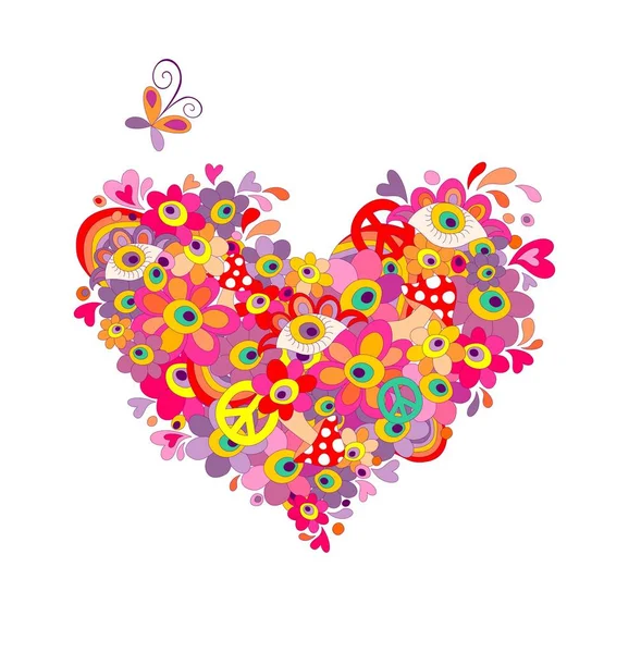 Psychodeliczny hippie kształt serca z kolorowych kwiatów streszczenie, symbol pokoju, oczy i muchomor na białym tle — Wektor stockowy