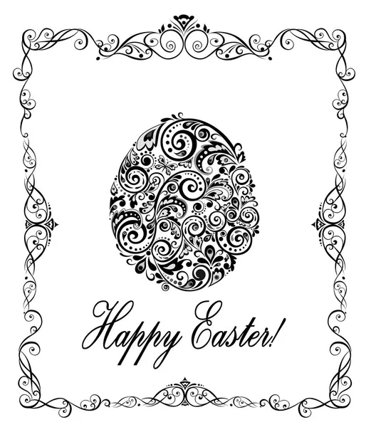 Greeting easter card with decorative floral egg (black and white) — Stock Vector