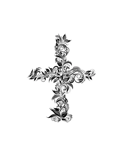 Croix florale vintage (noir et blanc) ) — Image vectorielle