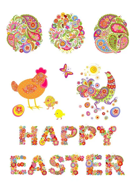 Collection of decorative easter floral eggs and funny hen — Stock Vector