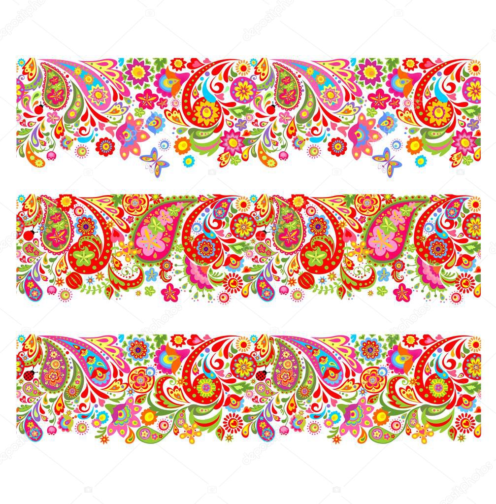  Summery seamless borders with decorative colorful flowers print