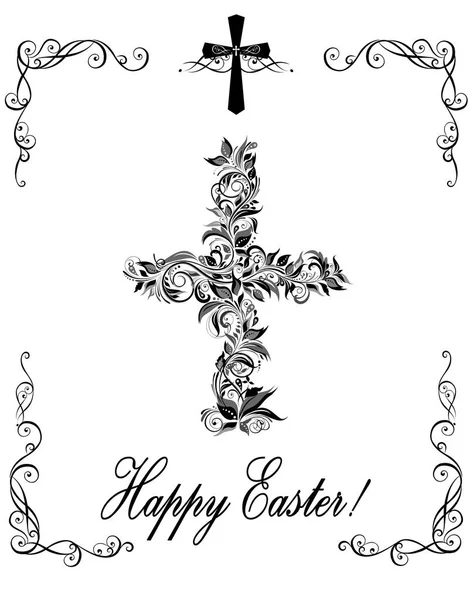 Páscoa saudação com cruz floral vintage (preto e branco ) — Vetor de Stock