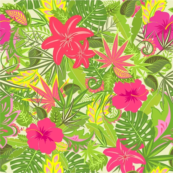 Papier peint tropical Summery avec des feuilles et des fleurs colorées — Image vectorielle