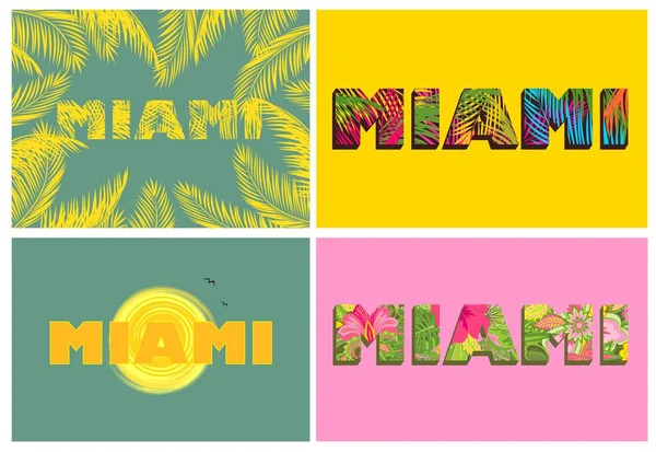 Camiseta impresa con letras de Miami y hojas de palma — Archivo Imágenes Vectoriales