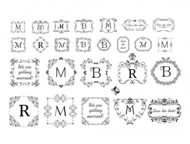 Çerçeveleri ve vignette koleksiyonu düğün tasarım, menü kartı, Restoran, kafe, otel, mücevher mağazası, logo şablonlar, monogram