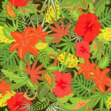 Ebegümeci, lily ve palm ile tropikal duvar kağıdı bırakır