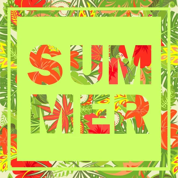 T-shirt Εκτύπωση με γράμματα με τροπικά λουλούδια το καλοκαίρι — Διανυσματικό Αρχείο