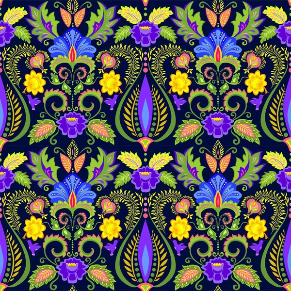 Vintage papier peint en soie orné sans couture avec motif floral exotique et plumes — Image vectorielle