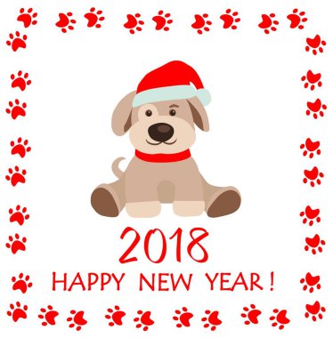 Komik kağıt yeni yıl 2018 için köpek yavrusu ile tebrik çocukça