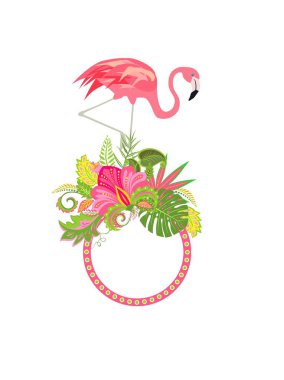 Egzotik çiçek ve pembe flamingo yazlık çerçeve