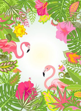 Egzotik çiçek ve pembe flamingo çifti ile yazlık dikey çerçeve