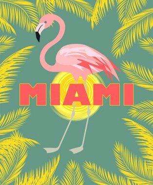 T-shirt baskı Miami yazı, palmiye yaprakları, güneş ve pembe flamingo Art deco tarzında
