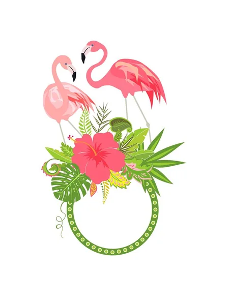 ピンクのフラミンゴのハイビスカスと素敵なペアでかわいいフレーム — ストックベクタ