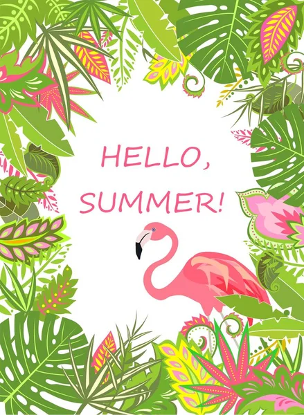 Hallo, Sommer. sommerlicher Rahmen mit exotischen Blumen und rosa Flamingo — Stockvektor