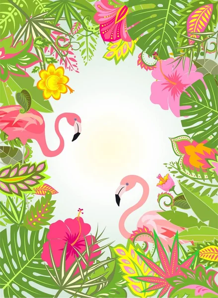 Letni ramy pionowej z egzotycznych kwiatów i para różowy Flaming — Wektor stockowy