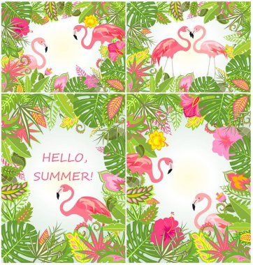 Yazlık tropikal arka planlar ile egzotik çiçekler ve flamingo