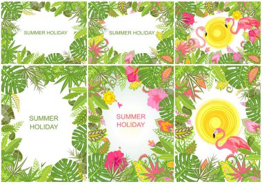 Egzotik çiçekler, yapraklar ve flamingo yazlık tropikal arka planlar