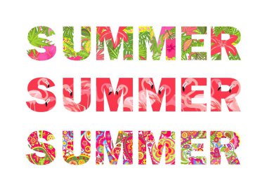  T-shirt koleksiyonu tropikal çiçek ve flamingo ile renkli çiçek yaz yazı ile yazdırır