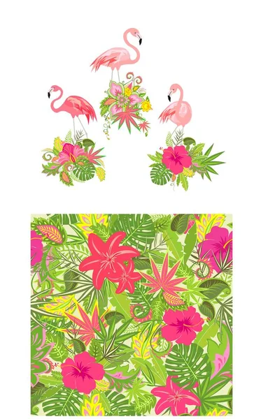 Hermoso diseño floral y fondo de pantalla con flores exóticas y flamenco rosa — Archivo Imágenes Vectoriales