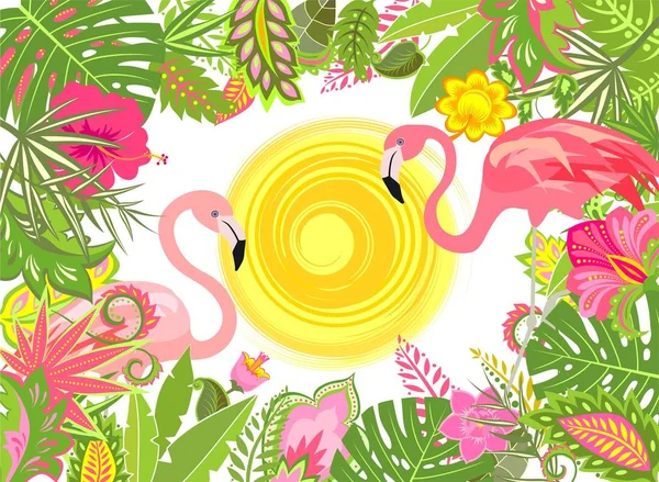 Letní dovolená pozadí s exotickými květinami, slunce a růžový plameňák — Stockový vektor
