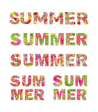 Renkli çiçek yaz koleksiyonu tropikal çiçek ve beyaz arka plan üzerinde izole meyve ile yazı