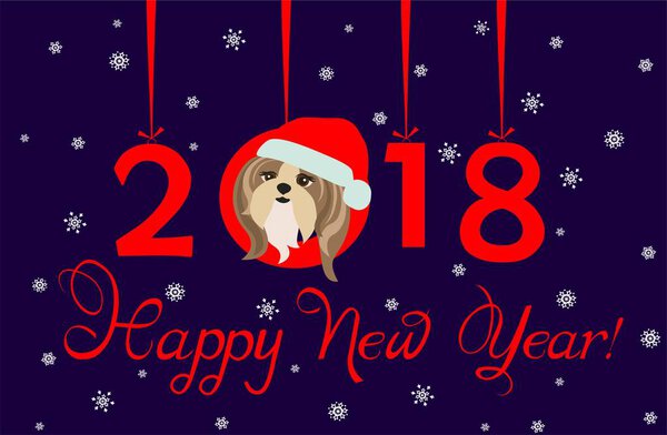 Happy New Year 2018 greeting banner with hanging xmas paper numbers and funny puppy