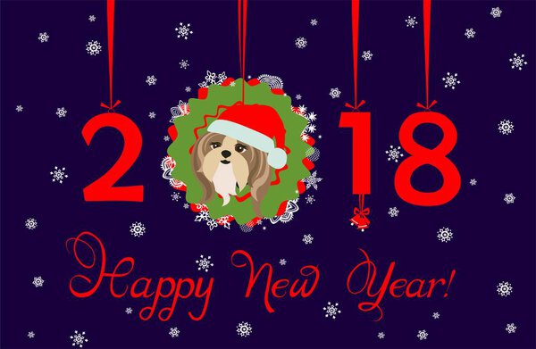 Greeting decorative card with puppy of shi tsu, hanging numbers and paper wreath for Chinese New year 2018