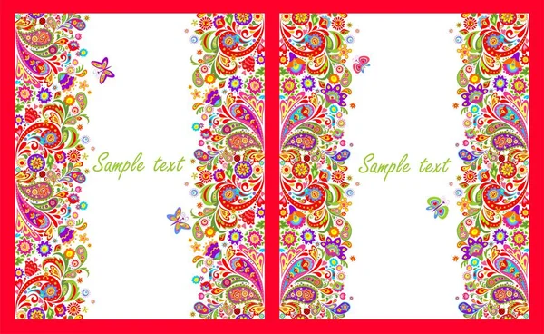 Вітальні листівки з безшовними декоративними рамками з барвистим абстрактним принтом квітів на білому тлі — стоковий вектор