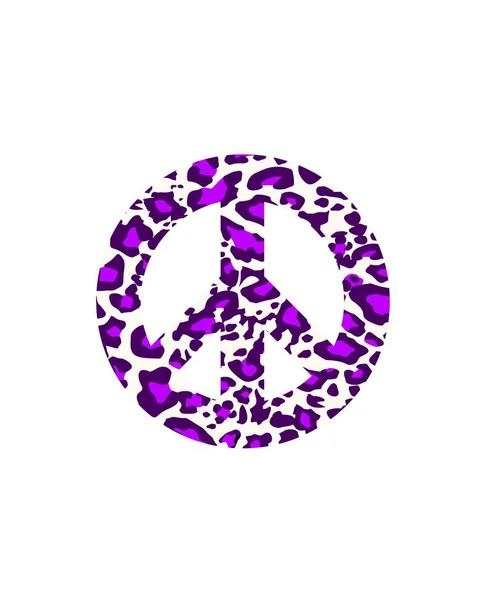 Símbolo hippie de paz con estampado violeta de leopardo aislado sobre fondo blanco. Diseño de moda para camiseta, bolso, póster, álbum de recortes — Archivo Imágenes Vectoriales