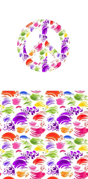 Hippie símbolo de la paz con salpicado colorido impresión y fondo de pantalla. Diseño de moda para camiseta, bolso, póster, álbum de recortes — Vector de stock