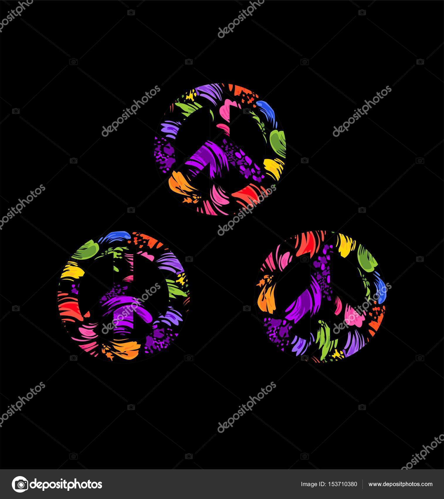 Variation hippie peace symbol with splashed colorful print on black  background. Fashion design collection for t-shirt, bag, poster, scrapbook  Stock Vector Image by ©antonovaolena #153710380