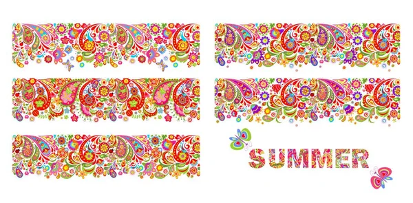 Collezione di bordi floreali colorati estivi e stampa con scritte di fiori estivi — Vettoriale Stock