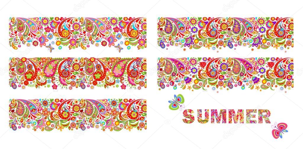 Summery colorful floral borders collection and print with summer flowers lettering