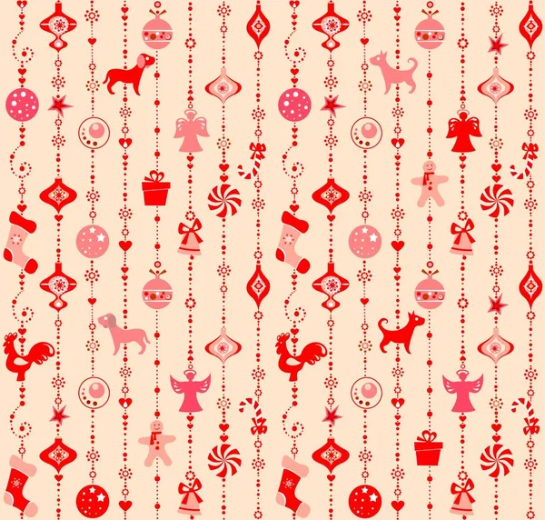 Fondo de pantalla de Navidad con divertido rojo cortar juguetes colgantes — Vector de stock