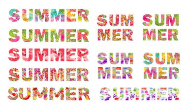 T-shirt renkli yaz tropikal çiçeklerle yazı kümesi yazdırır, palmiye yaprakları, flamingo, boya, paisley ve meyve