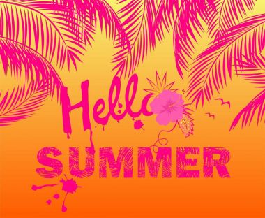 Hot summery pink poster with palm leaves and hello summer lettering clipart