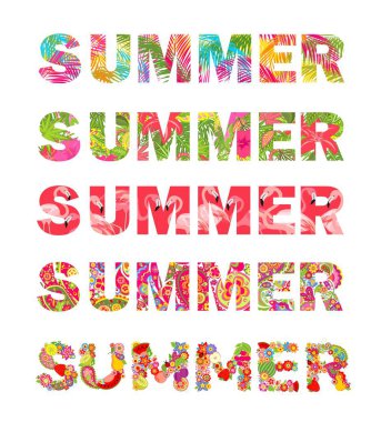  T-shirt koleksiyonu renkli çiçek yaz yazı tropik çiçekler, palmiye yaprakları, flamingo, paisley ve meyve ile yazdırır