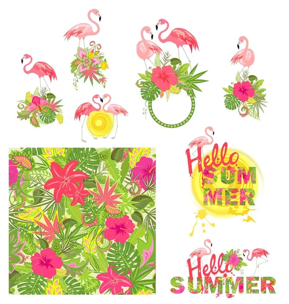 Güzel çiçek tasarım ve egzotik çiçek, pembe flamingo ve Merhaba yaz yazı ile duvar kağıdı
