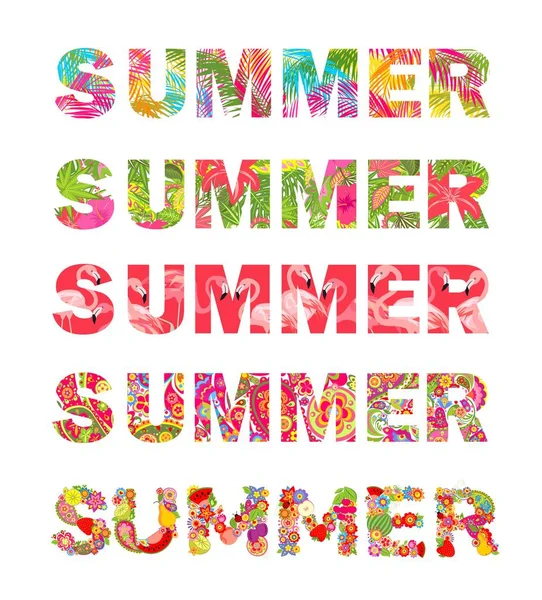T-shirt εκτυπώνει συλλογή με πολύχρωμα φλοράλ καλοκαίρι γράμματα με τροπικά λουλούδια, φύλλα φοίνικα, φλαμίνγκο, Λαχούρι και φρούτα — Διανυσματικό Αρχείο