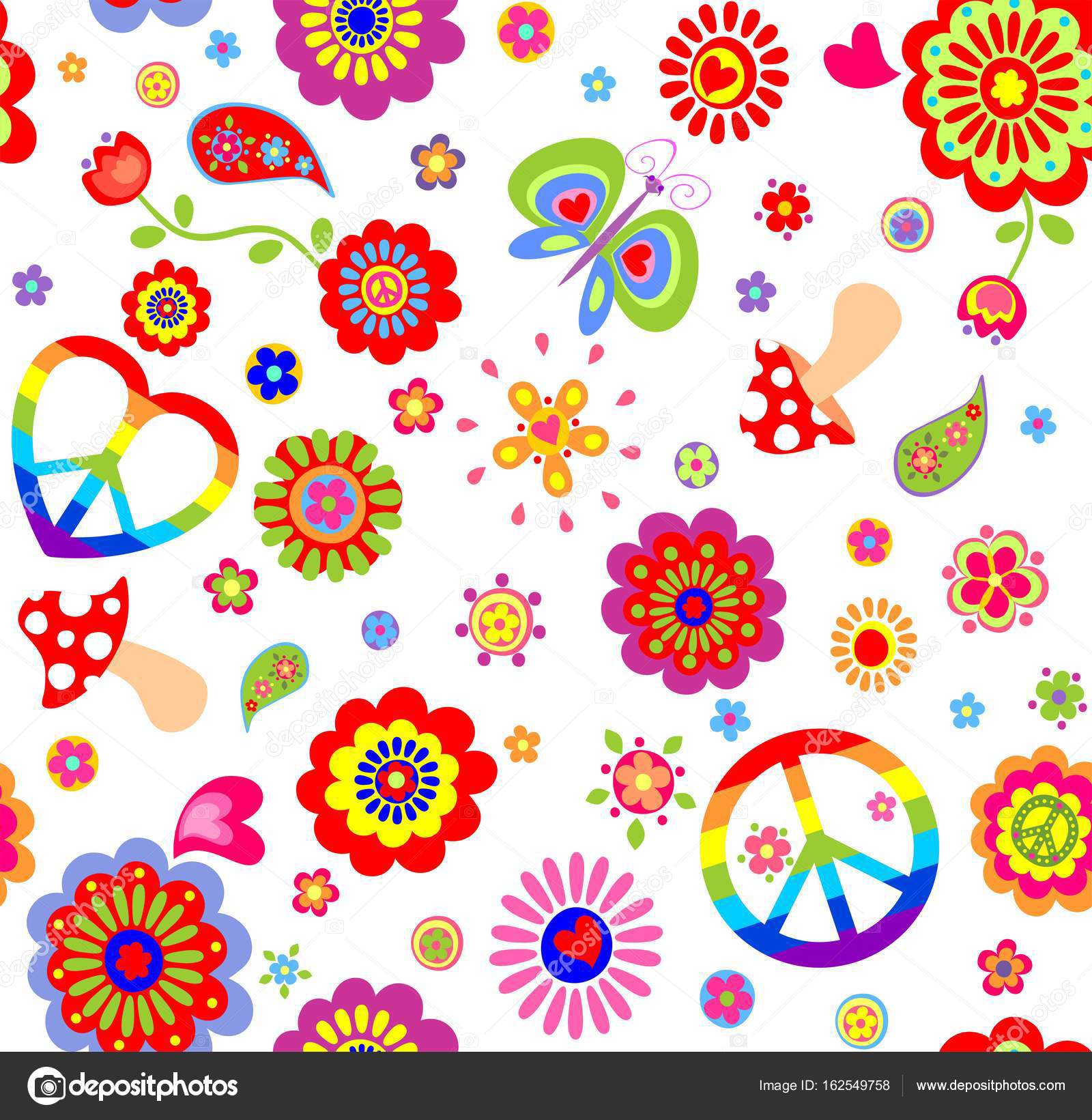 Image vectorielle Papier peint enfant avec symbole de paix hippie coloré,  papillon, champignons et fleurs abstraites par ©antonovaolena - 162549758, image size:998x1024