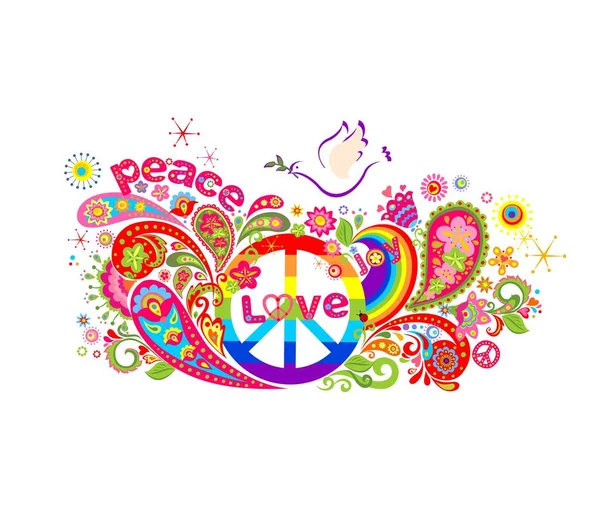 Cartaz colorido com flores abstratas, arco-íris, símbolo de paz hippie e pomba —  Vetores de Stock