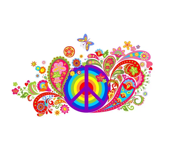 Skriva ut med hippie fred symbol med vintage färgglada blommor mönster och regnbåge — Stock vektor