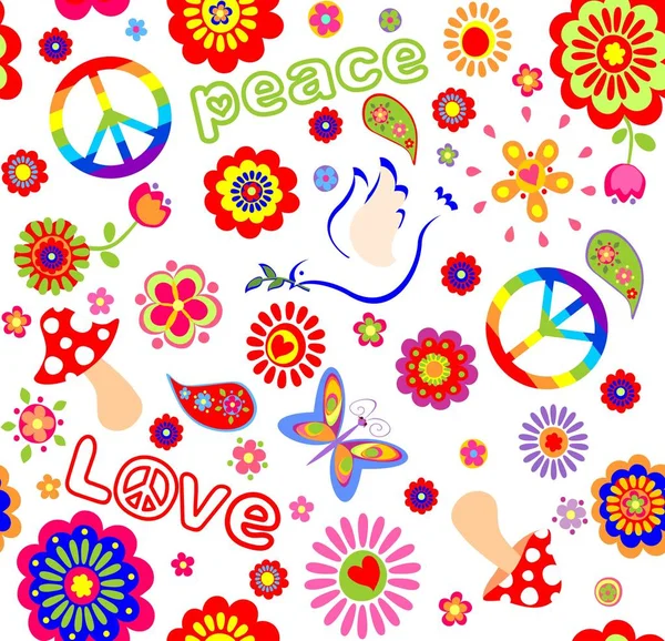 Παιδιάστικη ταπετσαρία με hippie συμβολικά, μανιτάρι και αφηρημένη πολύχρωμα λουλούδια — Διανυσματικό Αρχείο
