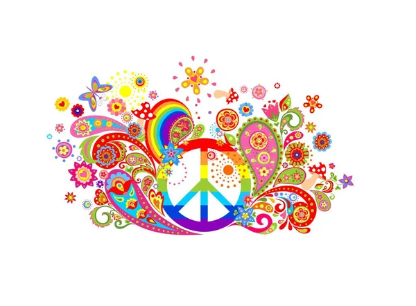 Camiseta colorida con flores abstractas, símbolo de paz hippie y arco iris — Vector de stock