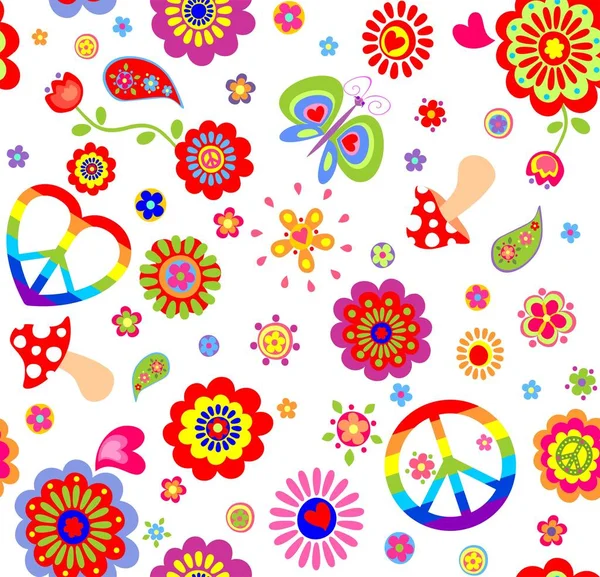 Childish wallpaper with colorful hippie peace symbol, butterfly, mushroom and abstract flowers — Stock Vector