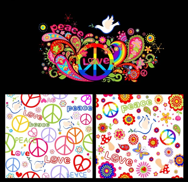 Buntes Poster und Tapete mit abstrakten Blumen, Regenbogen, Hippie-Friedenssymbol und Taube — Stockvektor