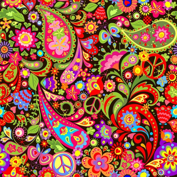 Hippie vivida carta da parati decorativa con fiori colorati, hippie simbolo di pace e paisley — Vettoriale Stock