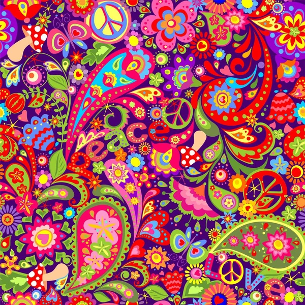 Hippie-Tapete mit abstrakten bunten Blumen, Hippie-Friedenssymbol, Pilzen und Paisley — Stockvektor