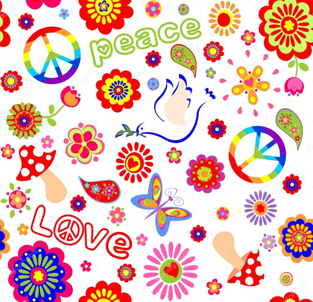 Childish wallpaper with hippie symbolic, mushroom and abstract colorful flowers