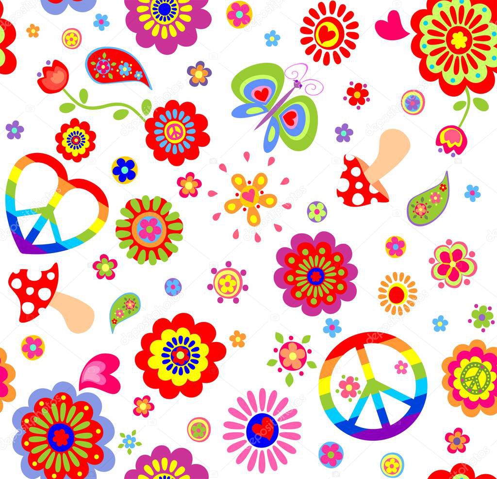 Childish wallpaper with colorful hippie peace symbol, butterfly, mushroom and abstract flowers